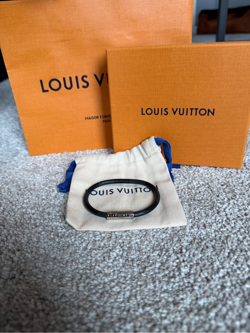 Louis Vuitton Keep It Black Leather Bracelet with Silver-Tone Clasp (size 19)